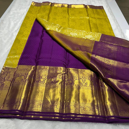 Yellow with Purple Pure Kanchivaram Silk Saree 2g Zari