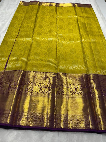 Yellow with Purple Pure Kanchivaram Silk Saree 2g Zari