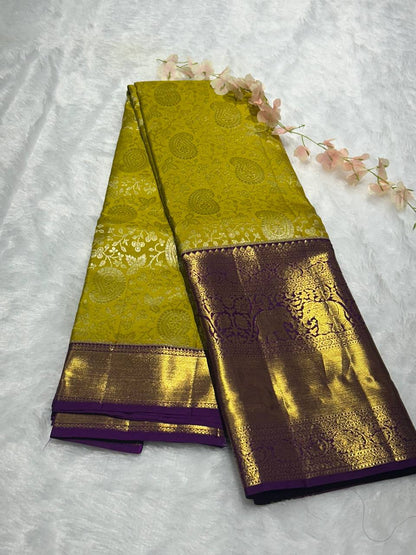 Yellow with Purple Pure Kanchivaram Silk Saree 2g Zari