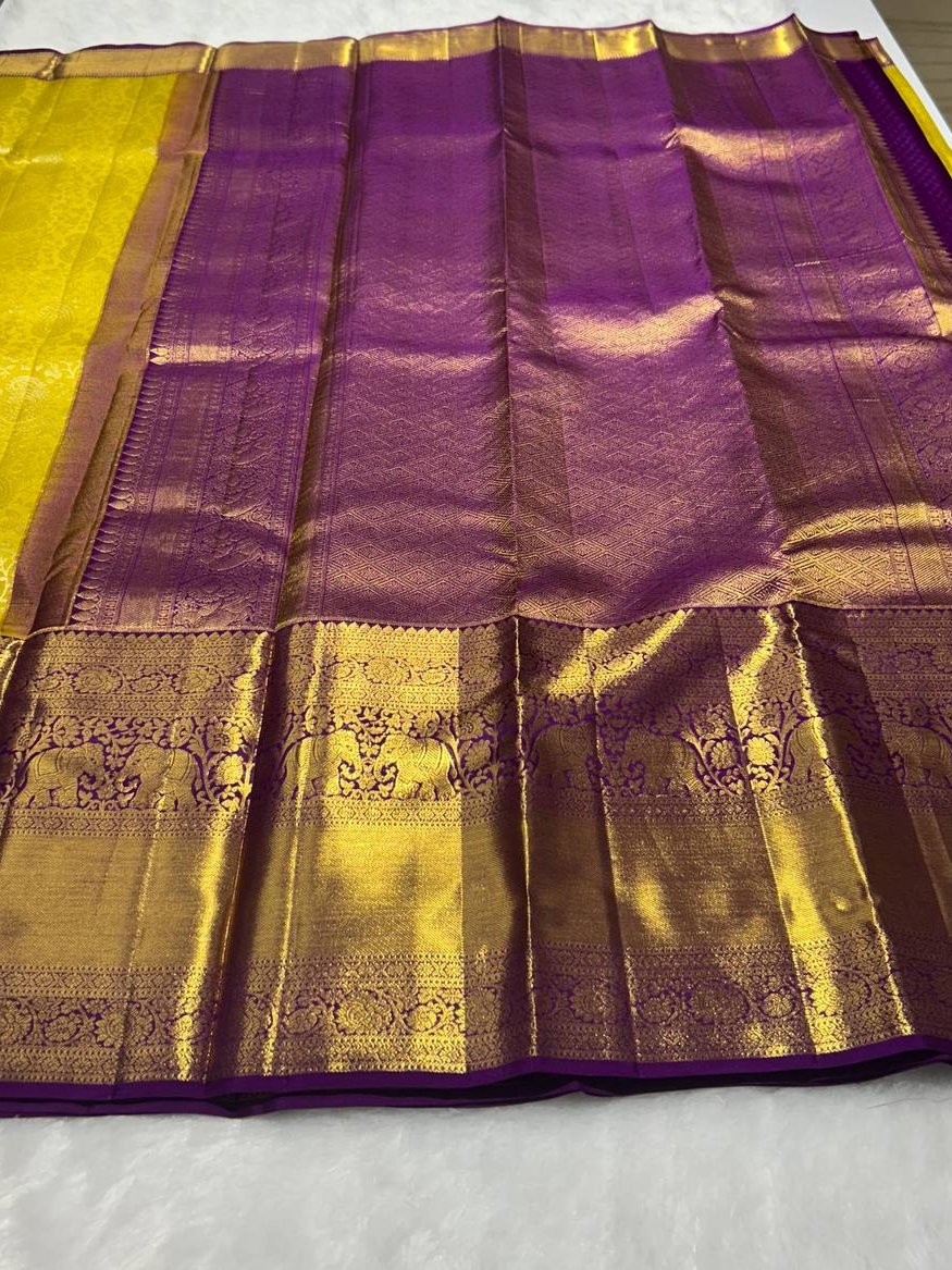 Yellow with Purple Pure Kanchivaram Silk Saree 2g Zari