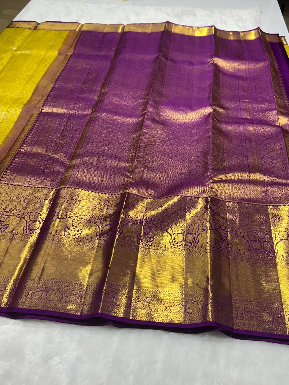 Yellow with Purple Pure Kanchivaram Silk Saree 2g Zari