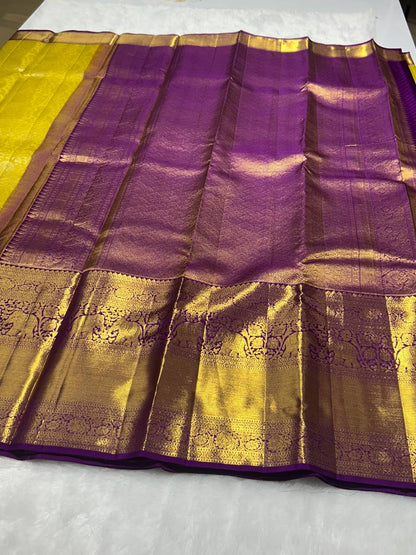 Yellow with Purple Pure Kanchivaram Silk Saree 2g Zari