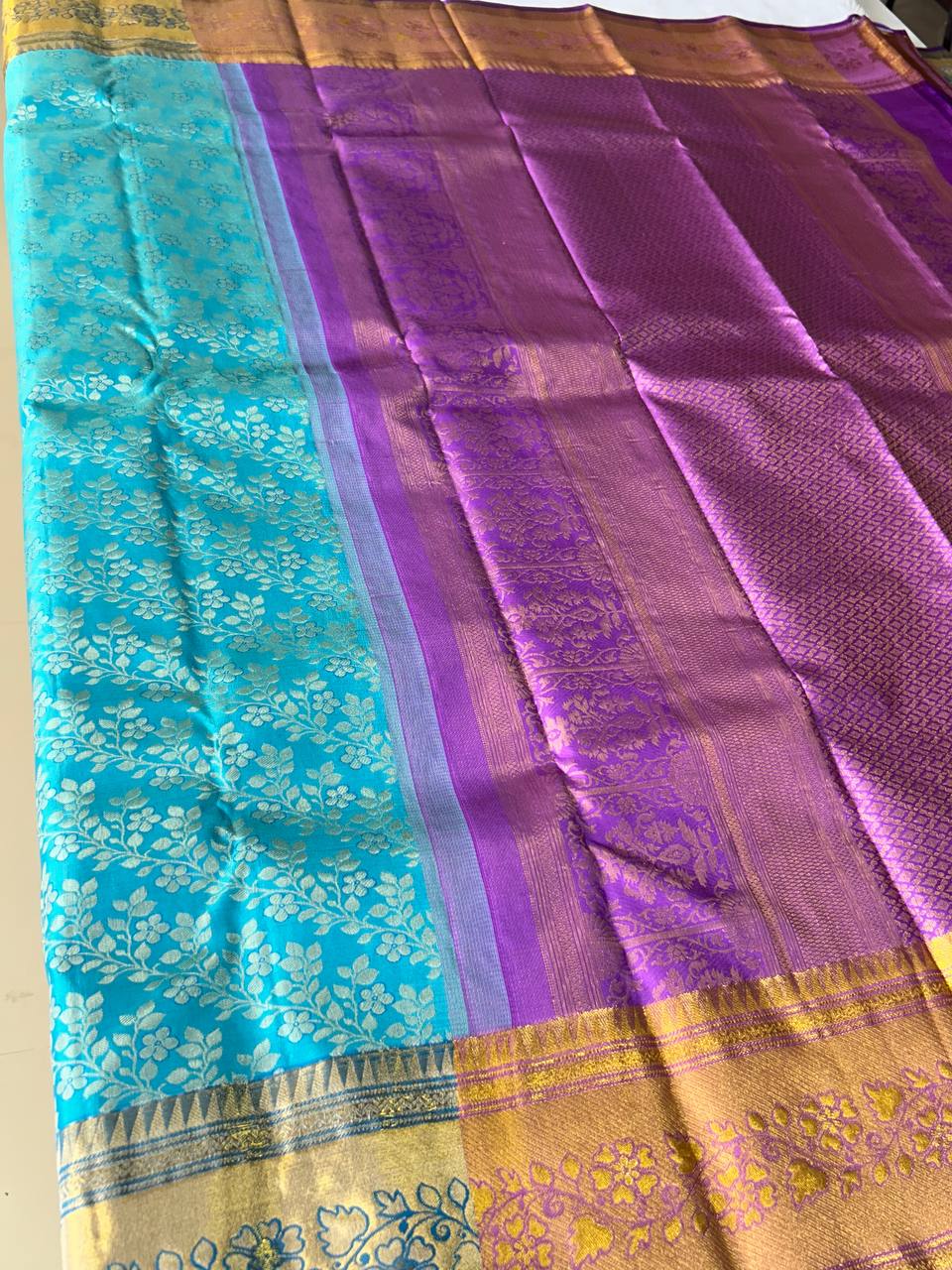 Sky blue pure handloom kanchipuram silk saree with 1g zari