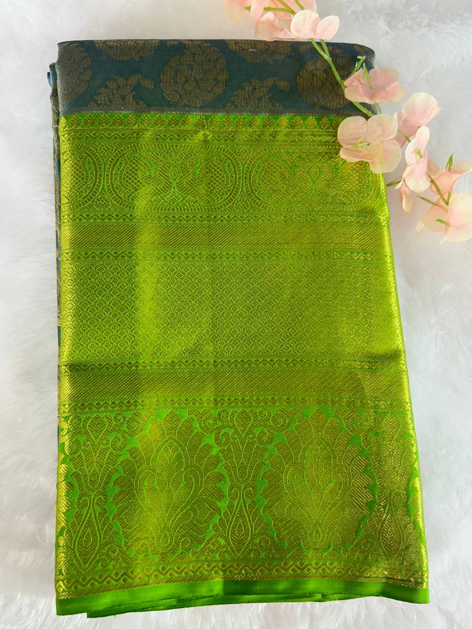 Grey with Green pure handloom kanchipuram silk saree