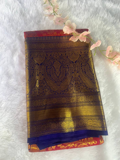 Red with blue pure handloom silk saree