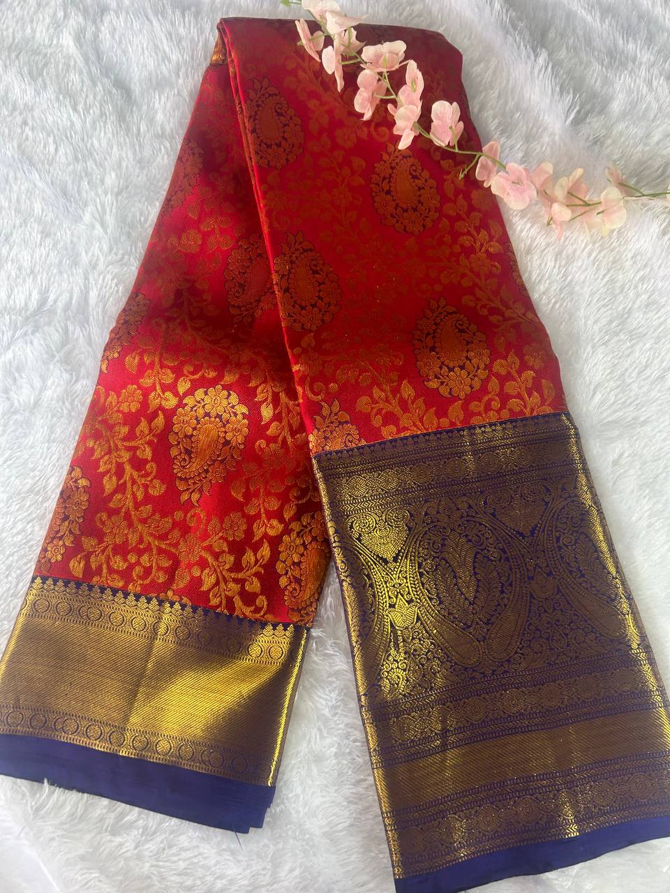 Red with blue pure handloom silk saree