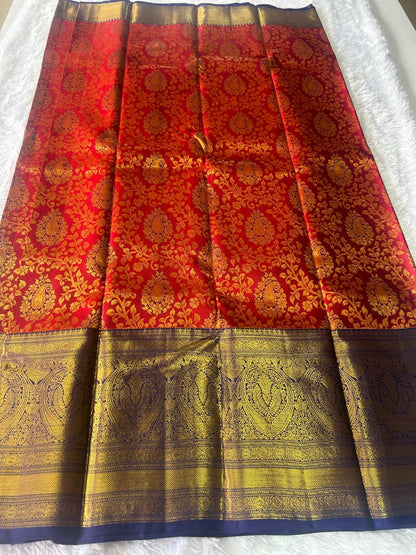 Red with blue pure handloom silk saree