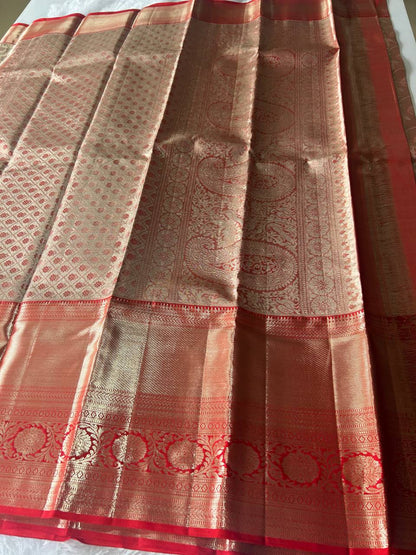 Beautiful Red Colour Pure Kanchipuram Silk Saree with 2g Zari