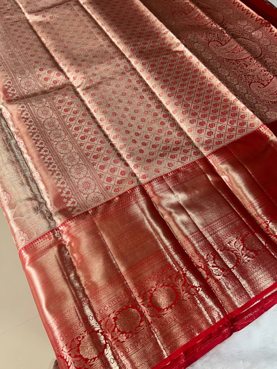 Beautiful Red Colour Pure Kanchipuram Silk Saree with 2g Zari