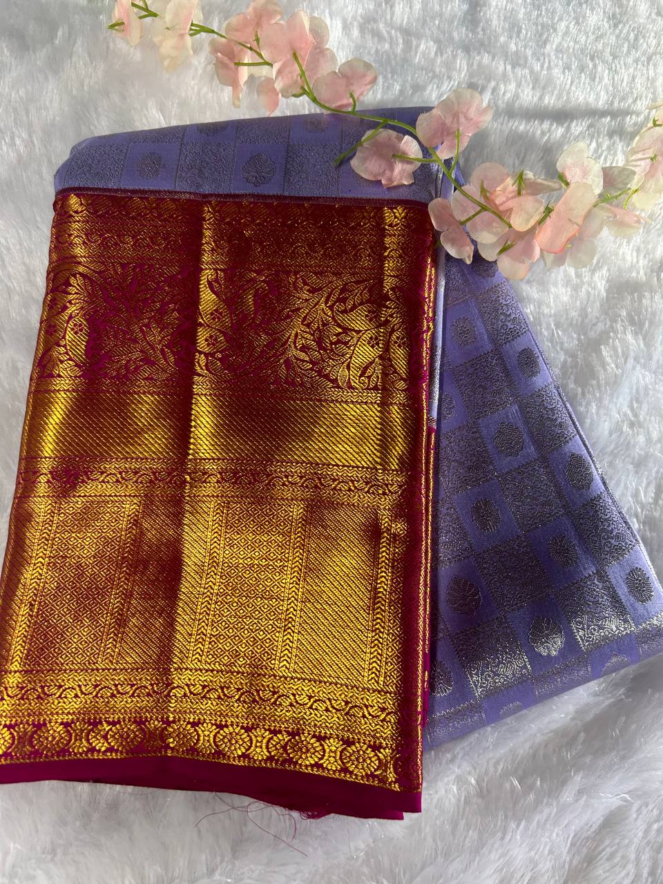 Lavender Pure Kanchipuram Silk Saree with 2g Silver Zari