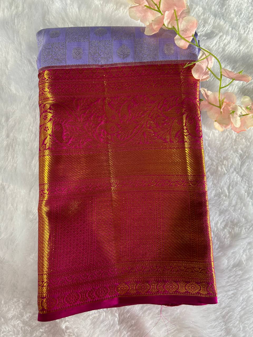 Lavender Pure Kanchipuram Silk Saree with 2g Silver Zari