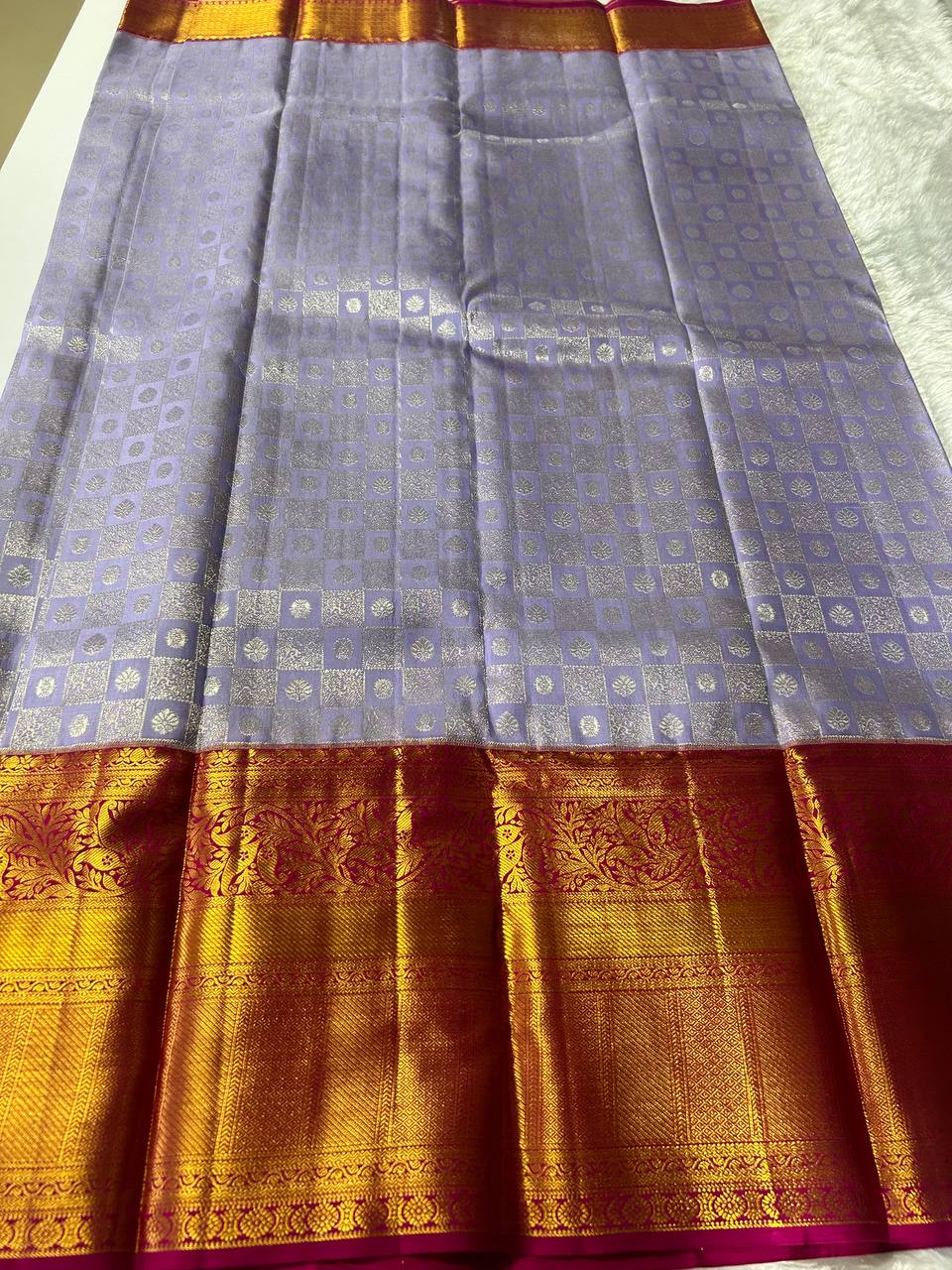 Lavender Pure Kanchipuram Silk Saree with 2g Silver Zari