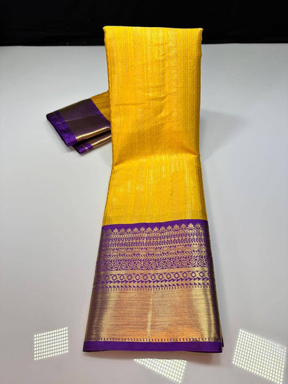 Kanchipuram semi silk saree - Yellow with blue