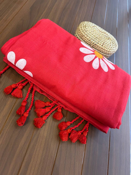 Flower hand print khadi cotton saree