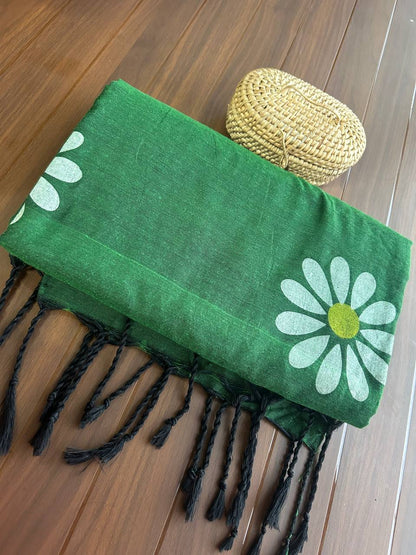 Flower hand print khadi cotton saree-Green