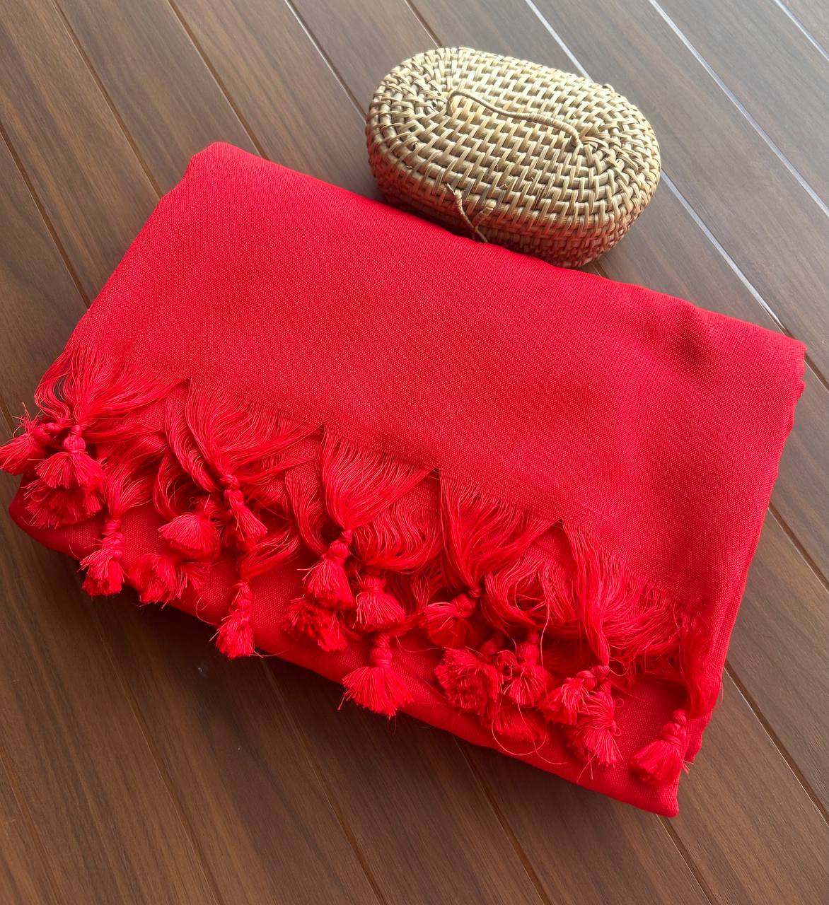 Plain Khadi cotton saree with self blouse -Red