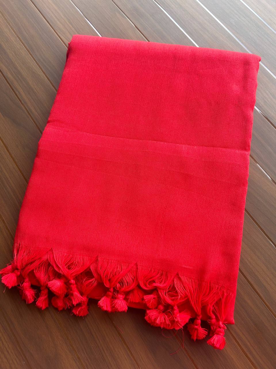 Plain Khadi cotton saree with self blouse -Red