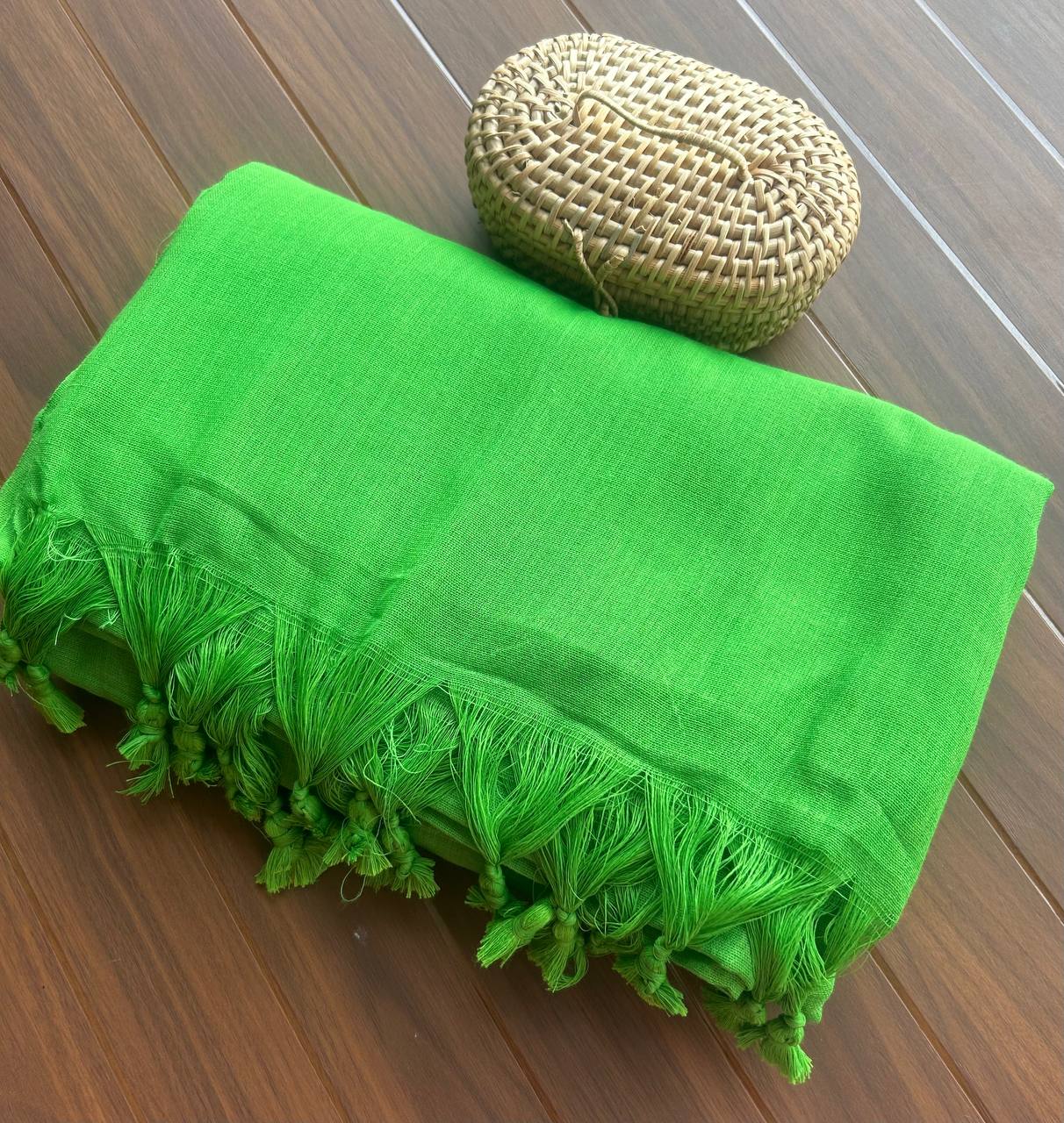 Plain Khadi cotton saree with self blouse - Green