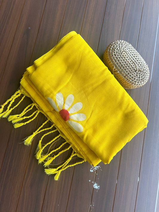 Flower hand print khadi cotton saree