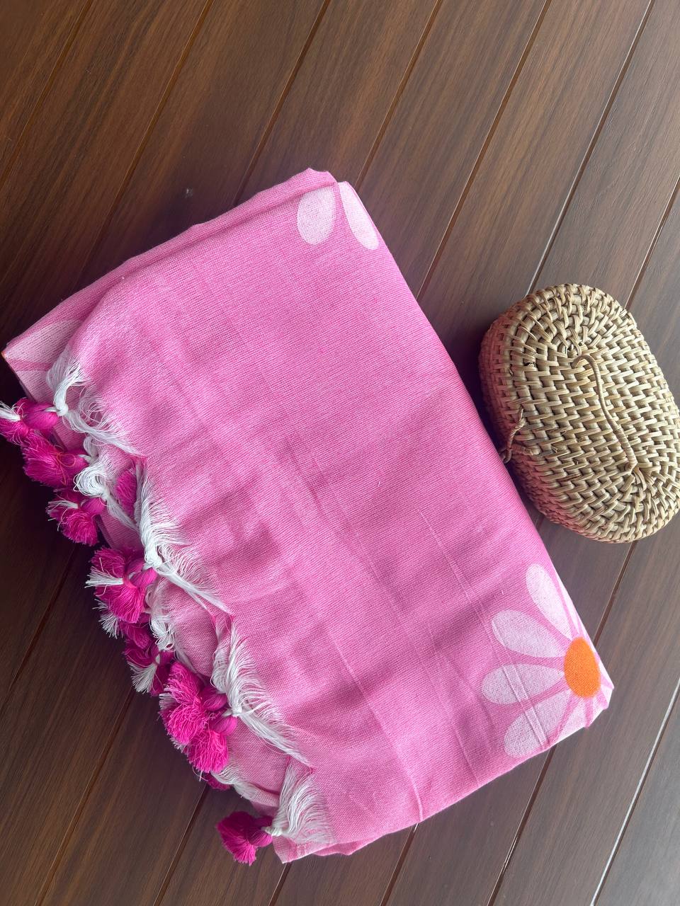 Flower hand print khadi cotton saree