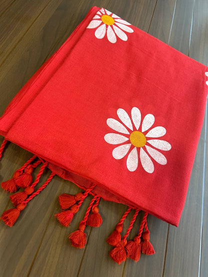 Flower hand print khadi cotton saree