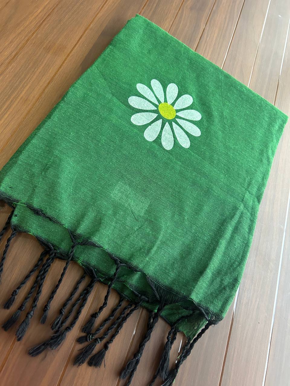 Flower hand print khadi cotton saree-Green