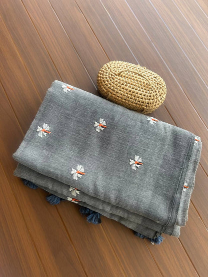 Khadi cotton saree with small flower embroidery - Grey