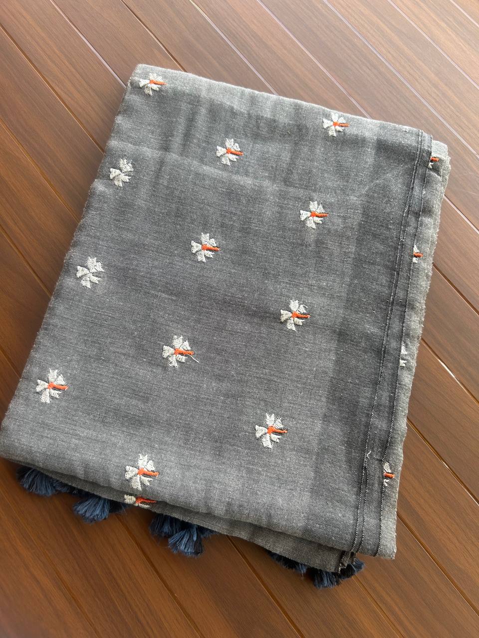 Khadi cotton saree with small flower embroidery - Grey