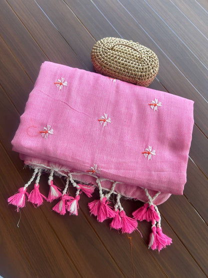 Khadi cotton saree with small flower embroidery - Baby pink