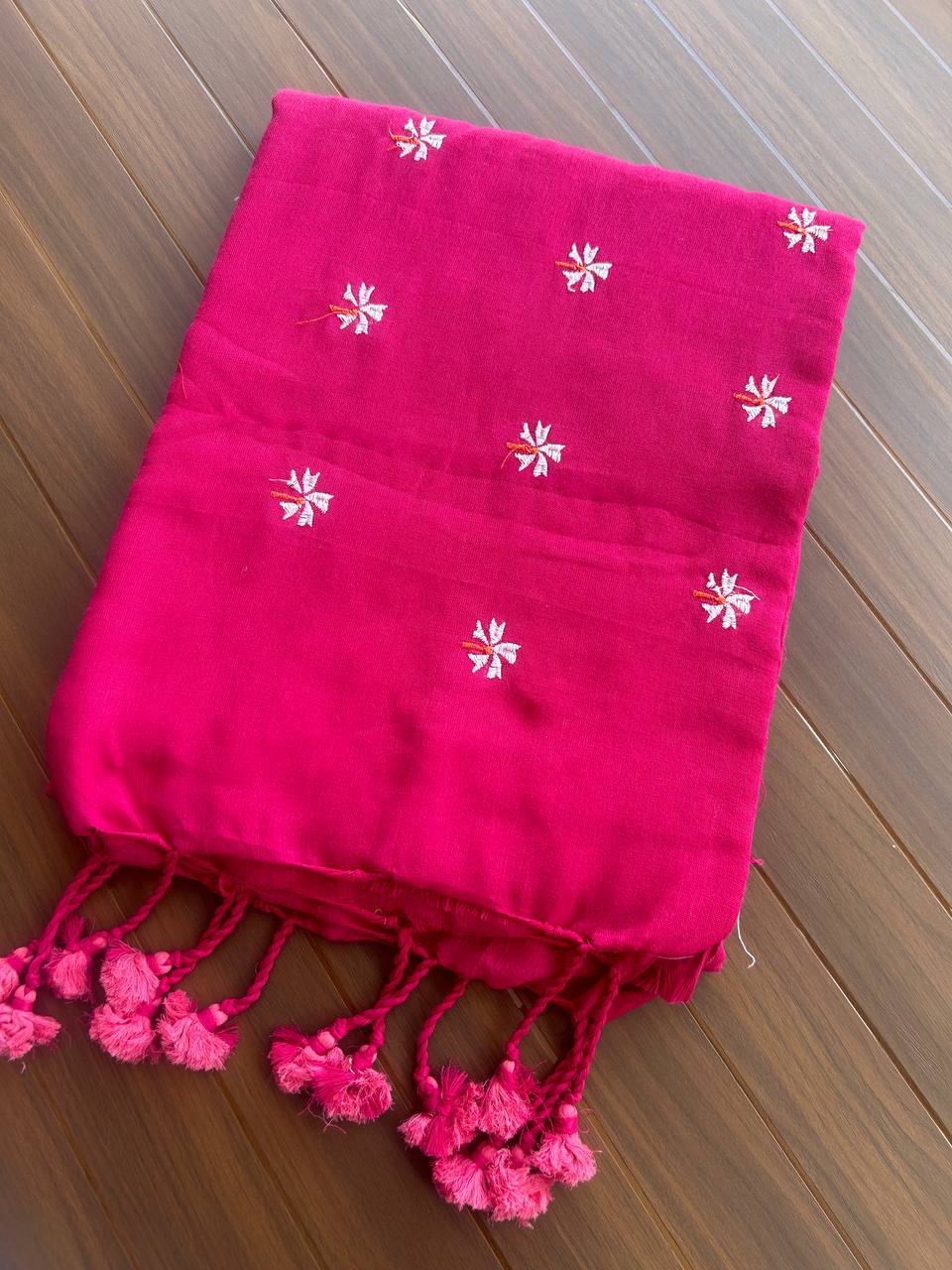 Khadi cotton saree with small flower embroidery - Dark pink