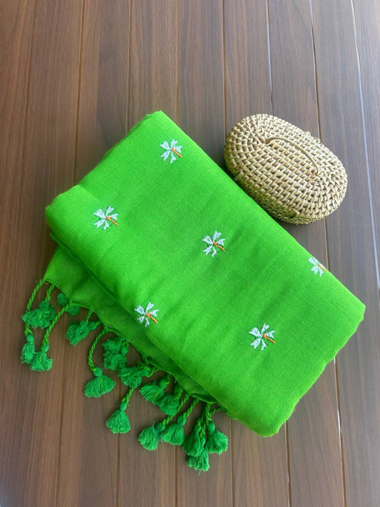 Khadi cotton saree with small flower embroidery - Green