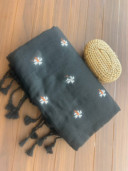 Khadi cotton saree with small flower embroidery - black