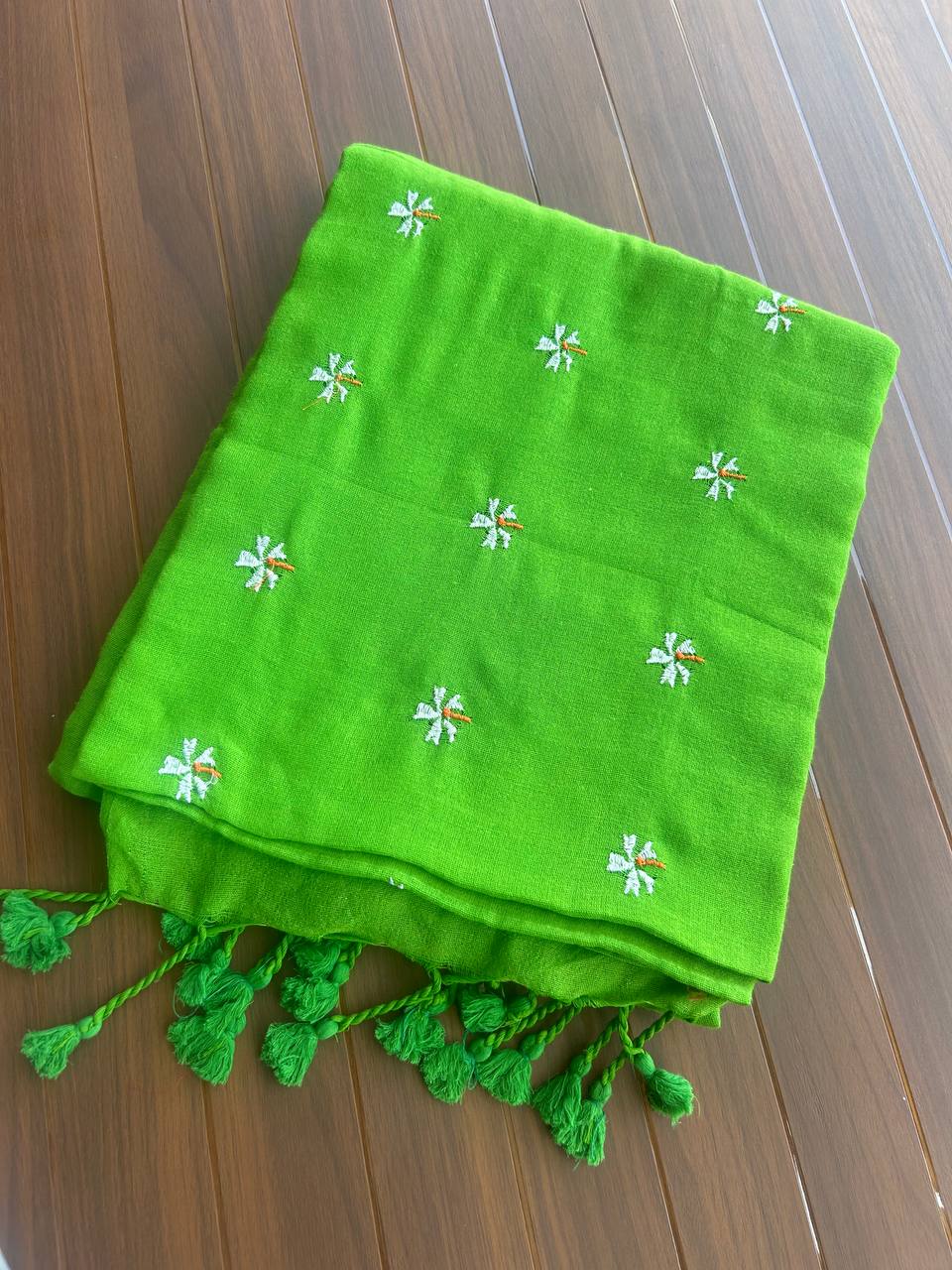 Khadi cotton saree with small flower embroidery - Green