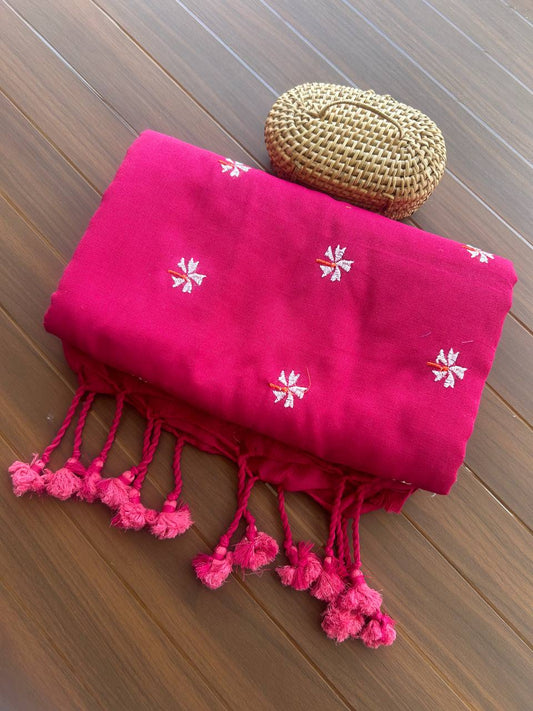 Khadi cotton saree with small flower embroidery - Dark pink