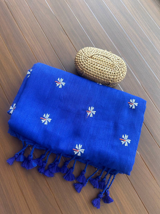 Khadi cotton saree with small flower embroidery - Blue