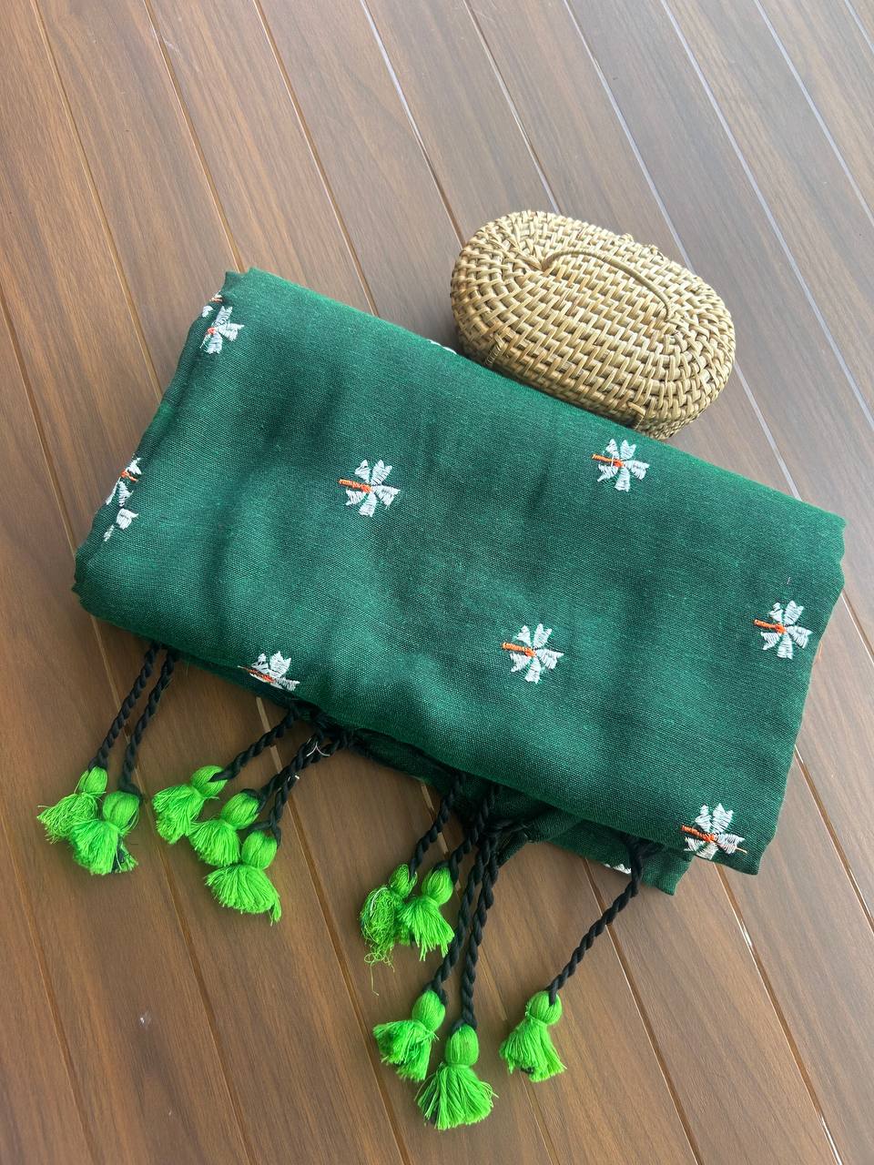 Khadi cotton saree with small flower embroidery - green