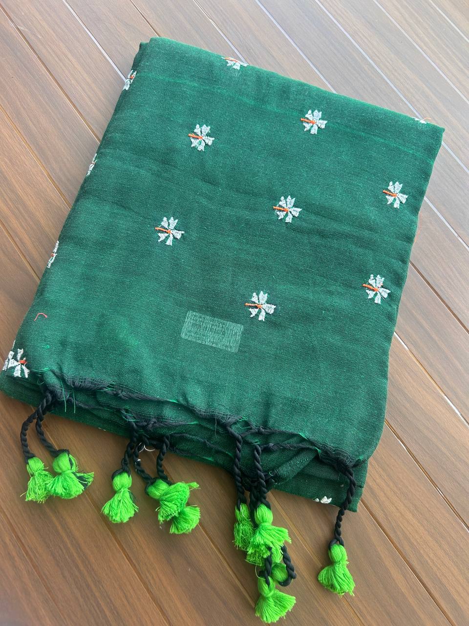 Khadi cotton saree with small flower embroidery - green