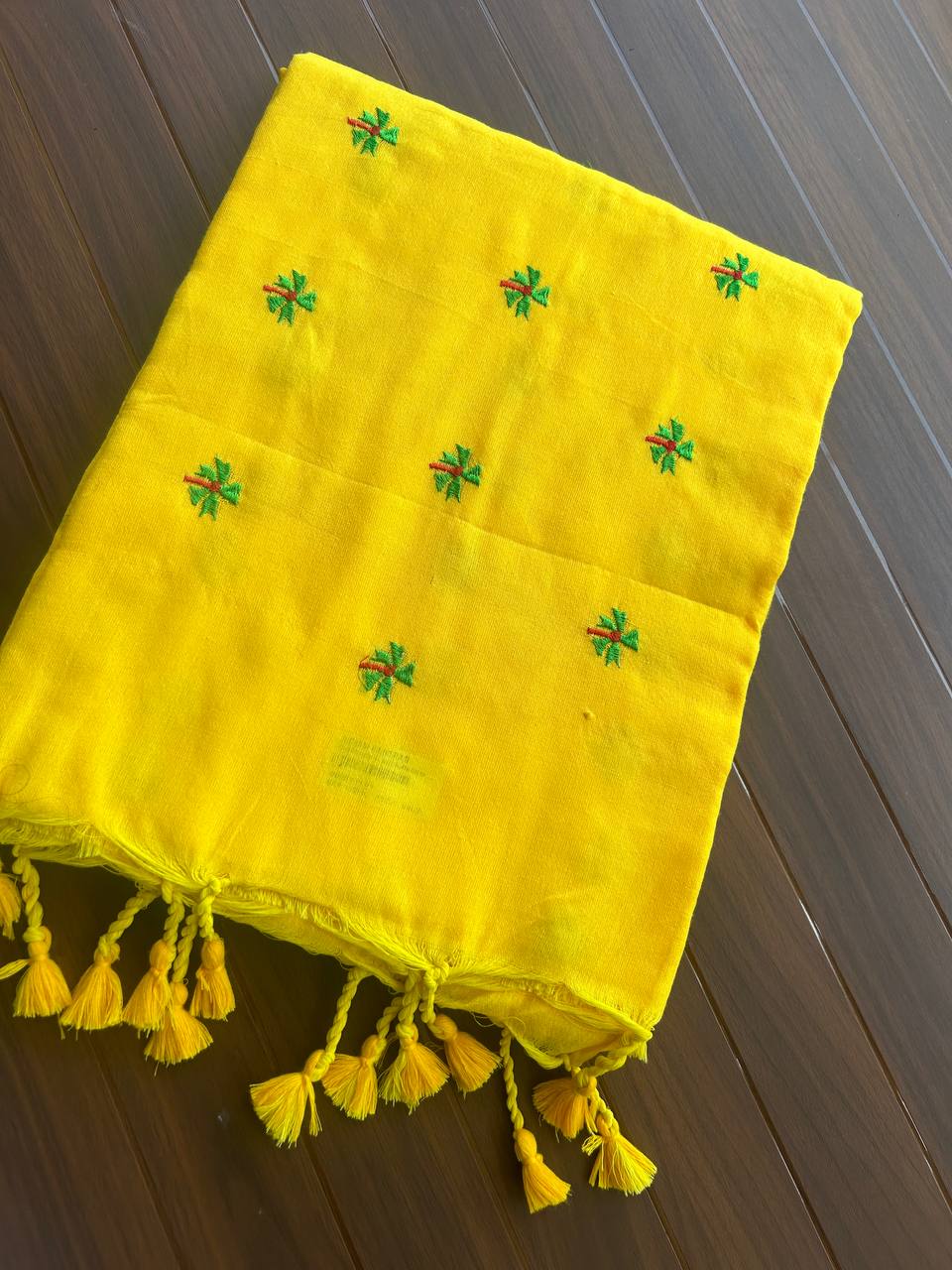 Khadi cotton saree with small flower embroidery - Yellow