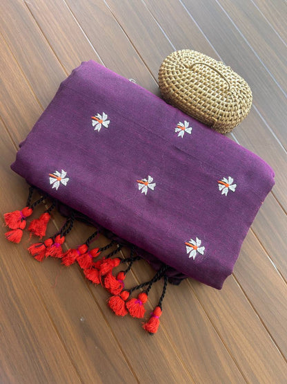 Khadi cotton saree with small flower embroidery - purple