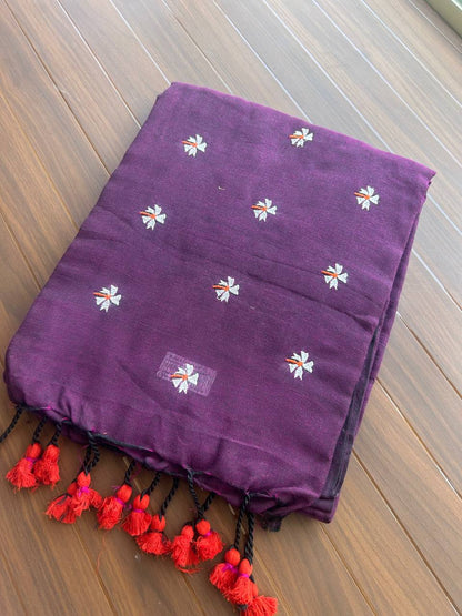 Khadi cotton saree with small flower embroidery - purple