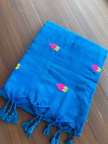 Khadi cotton saree with strawberry embroidery - Royal blue