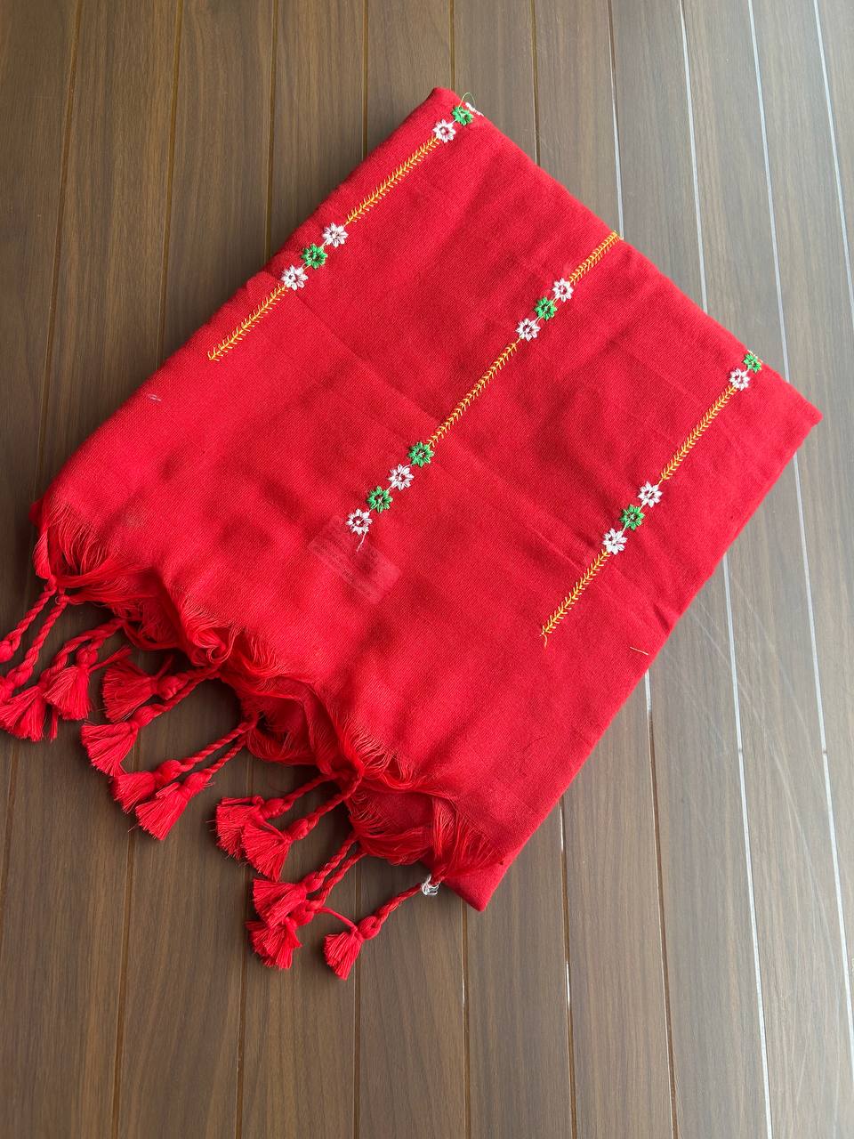 Khadi cotton saree with lined pattern embroidery - Red