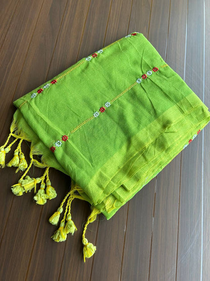 Khadi cotton saree with lined pattern embroidery - Green