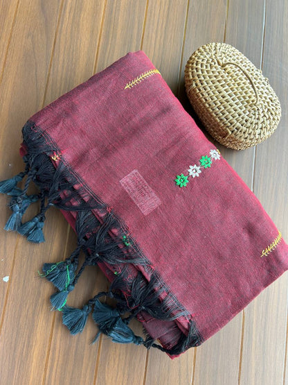 Khadi cotton saree with lined pattern embroidery - Green (Copy)