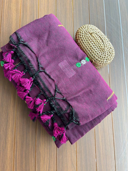 Khadi cotton saree with lined pattern embroidery