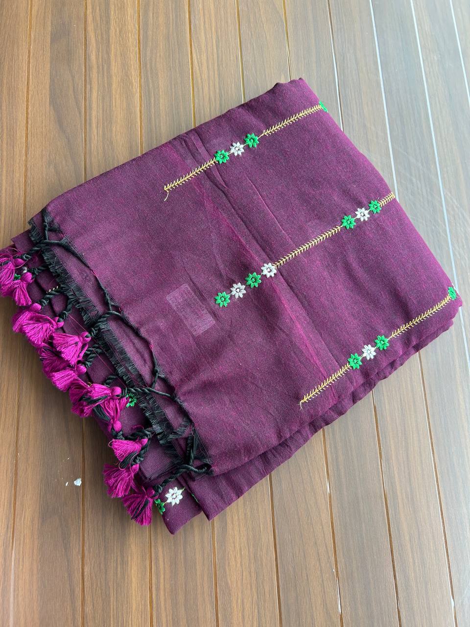 Khadi cotton saree with lined pattern embroidery