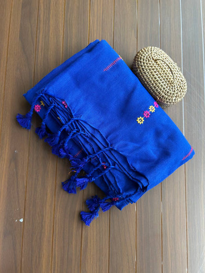 Khadi cotton saree with lined pattern embroidery - Royal blue