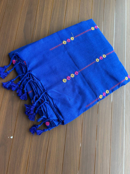 Khadi cotton saree with lined pattern embroidery - Royal blue