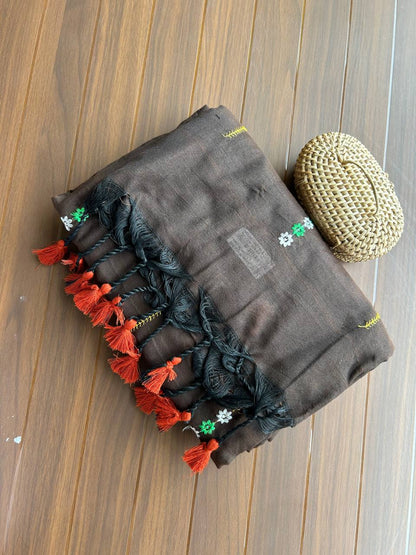 Khadi cotton saree with lined pattern embroidery - Black