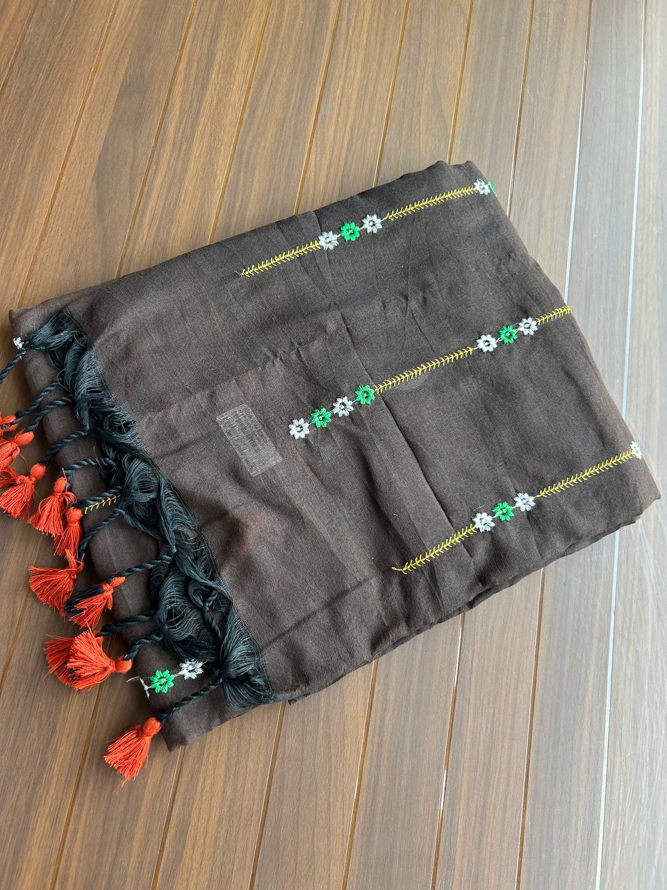 Khadi cotton saree with lined pattern embroidery - Black